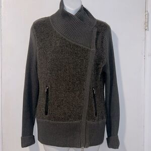 MARGARET O’LEARY Dark Olive Green Knit Sweater Moto Jacket-L